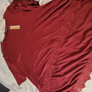 Bloomchic Women's Red Lace Trim High Low Blouse